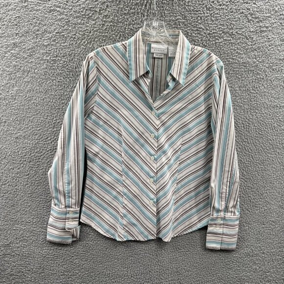 Worthington Women Top 6 White Blue Striped‎ Button Front Long Sleeve Shirt - Picture 1 of 8